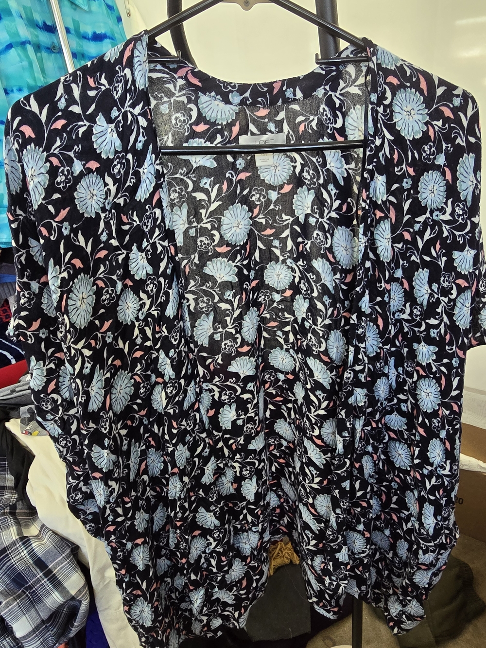 LOFT Black Floral Open-Front Tunic with Light Blue and Pink Accents
